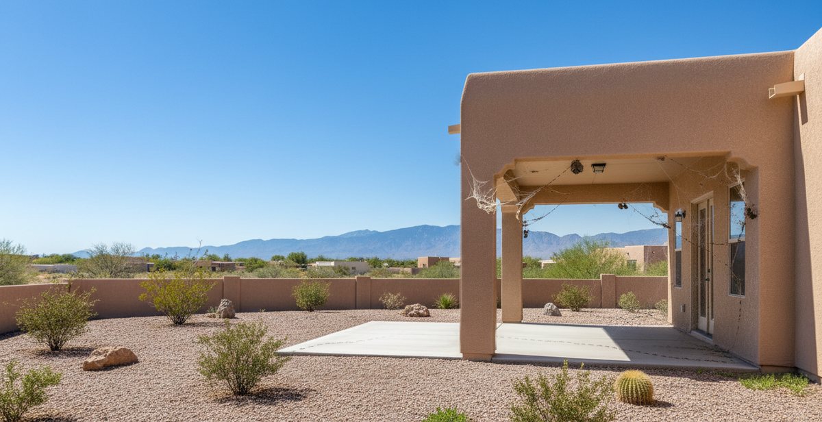 An Albuquerque home&rsquo;s patio with cobwebs and wasp nests under the eaves, an ant trail on the slab, and weeds at the foundation before pest control