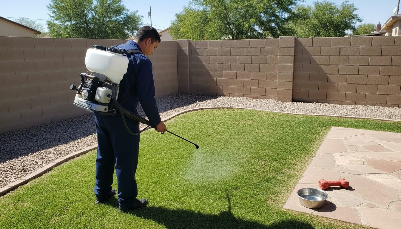 Technician treating the lawn edge and patio of an Albuquerque backyard with a backpack sprayer, dog toys set aside on the patio